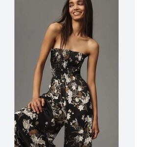 PILCRO Floral Smocked Strapless Wide Leg Jumpsuit Black Yellow Women's Size M